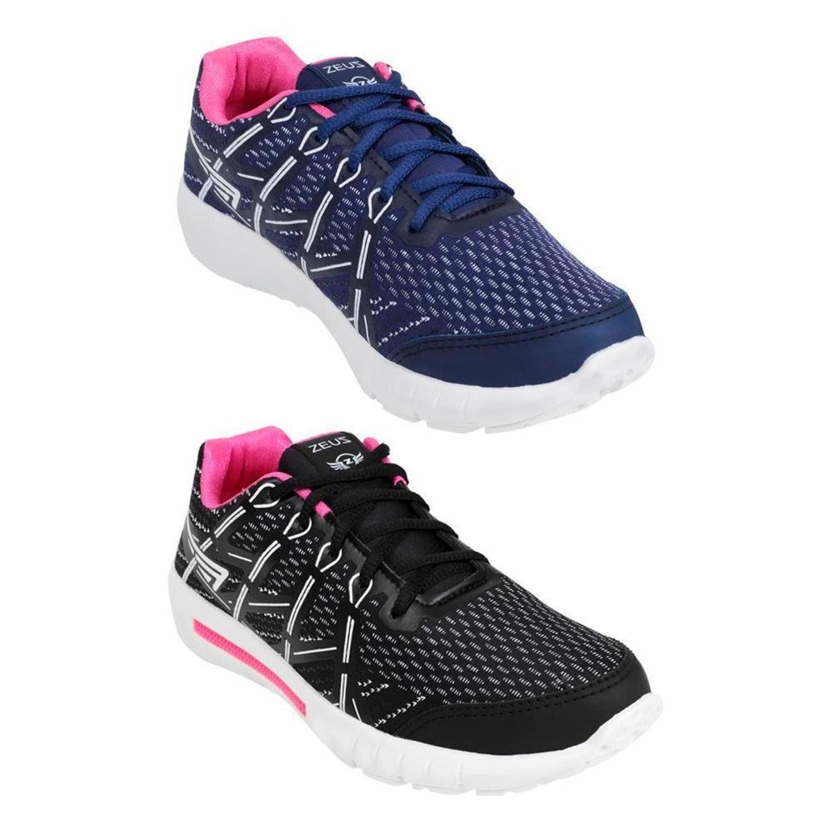 Kit 2 Tênis Jogger Zeus Feminino Leve Confortável Caminhada - Marinho+Preto Menor preço em Kit 2 Tênis Jogger Zeus Feminino Leve Confortável Caminhada - Marinho+Preto