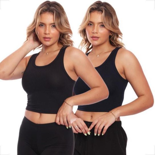 Kit 2 Tops Croppeds Regatas Canelado Feminino Lisa Blusa Básica
