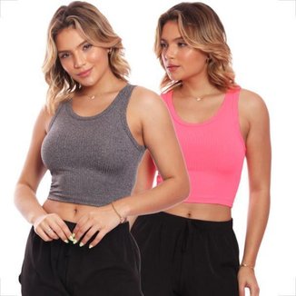 Kit 2 Tops Croppeds Regatas Canelado Feminino Lisa Blusa Básica