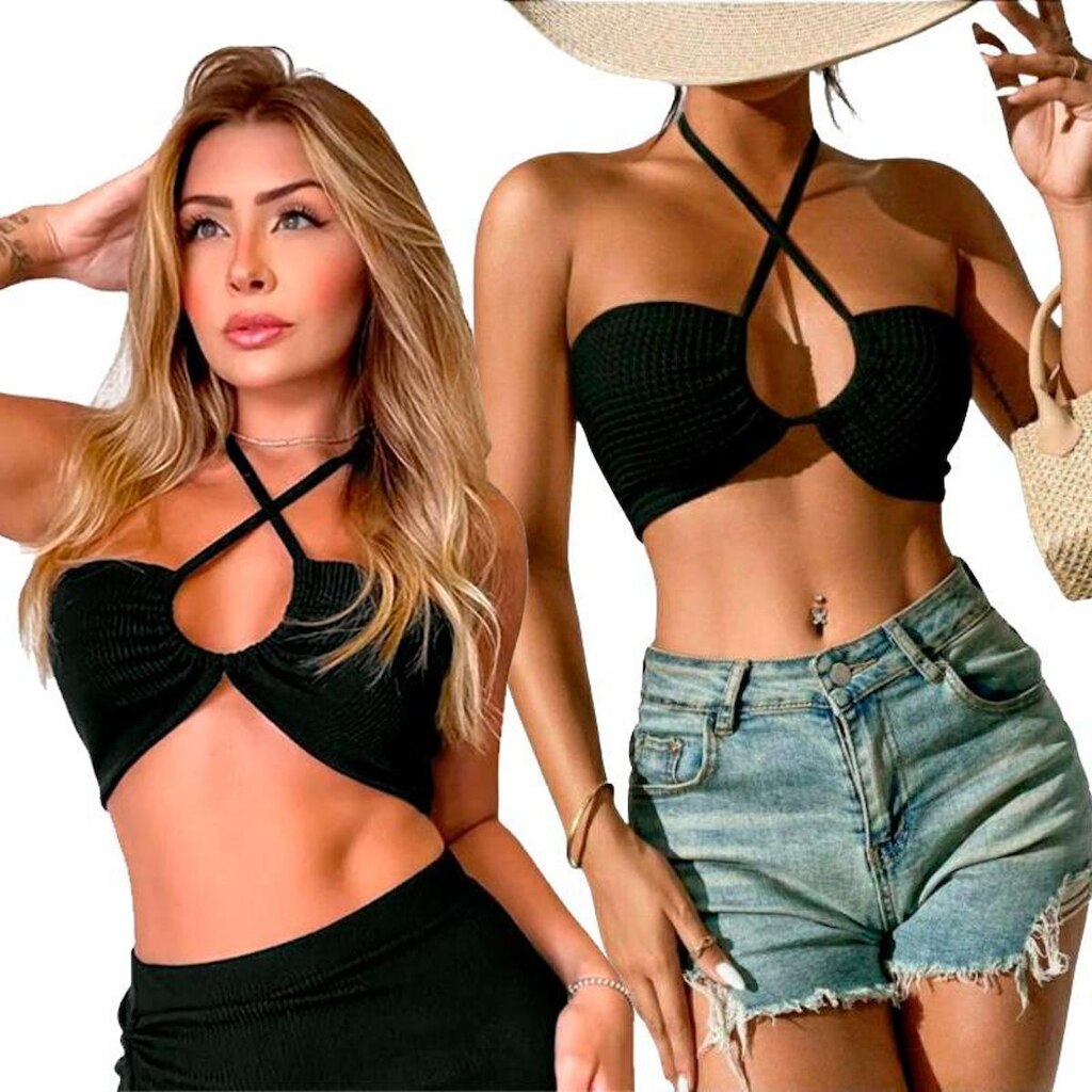 Kit 2 Tops Faixa Cropped Feminino Amarração Casual Multiuso Festa