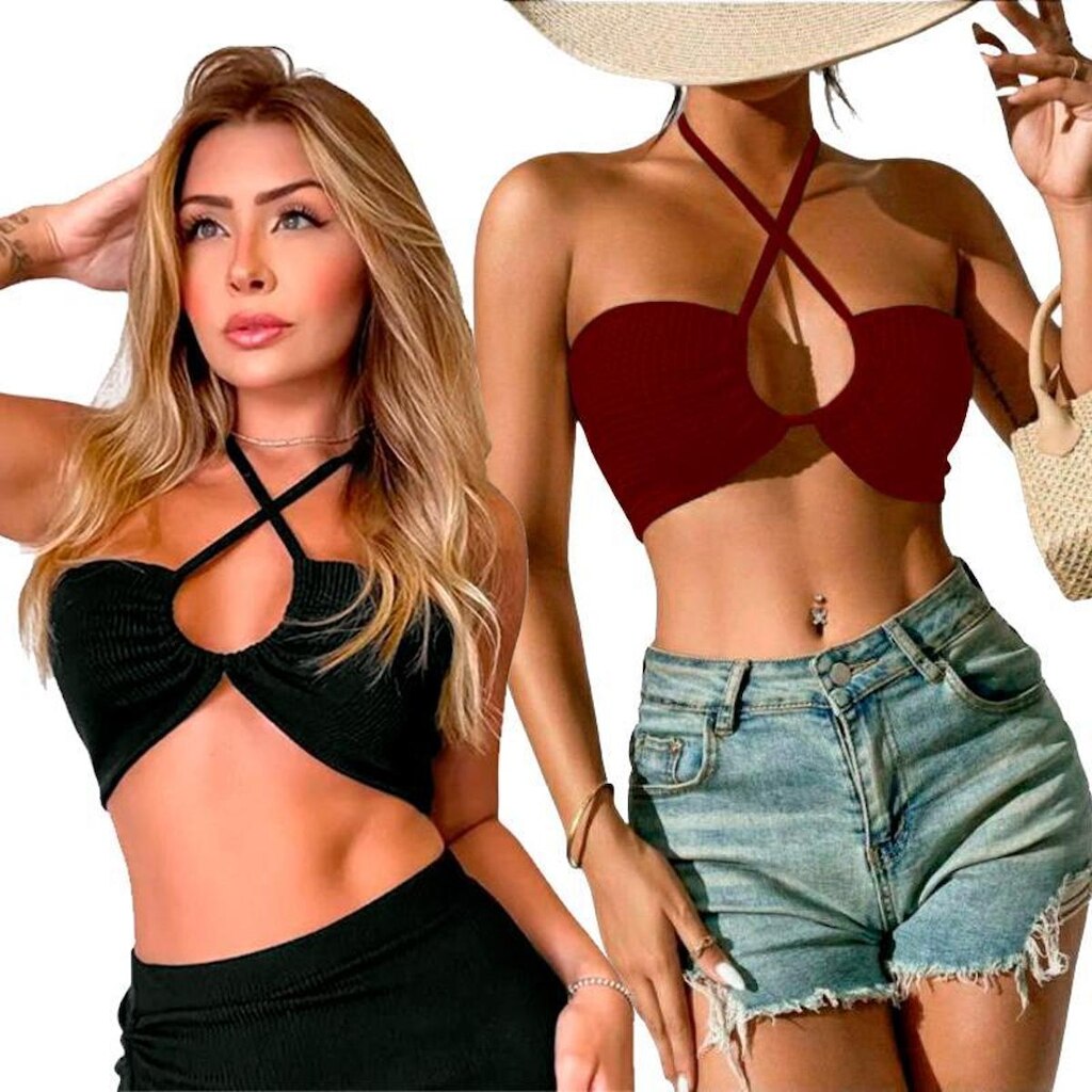 Kit 2 Tops Faixa Cropped Feminino Amarração Casual Multiuso Festa