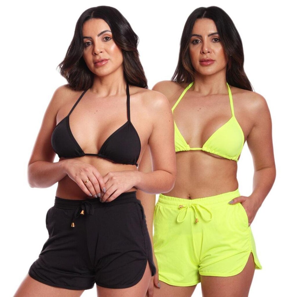 Kit 2 Triquínis Feminino Conjunto Biquíni Tanga com Fita + Short Bojo Removível Moda Praia