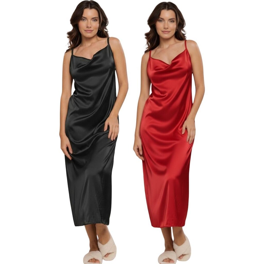 KIT 2 Vestido Confortavel Feminino Serra e Mar Camisola Longa De Seda Cetim Moda Casual Feminina