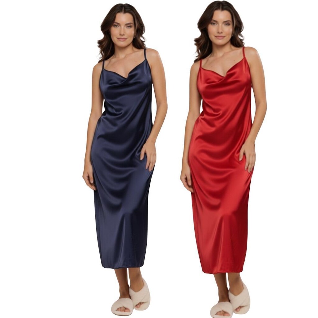 KIT 2 Vestido Confortavel Feminino Vekyo Camisola Longa De Seda Cetim Moda Casual Feminina
