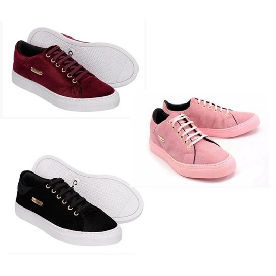 Kit 2Tênis Veludo Cheia de Marra + 1 Tênis Veludo Cheia de Marra Flatform Feminino - Preto+Rosa