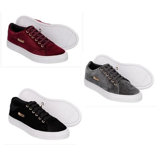 Kit 2Tênis Veludo Cheia de Marra + 1 Tênis Veludo Cheia de Marra Flatform Feminino - Preto+Cinza