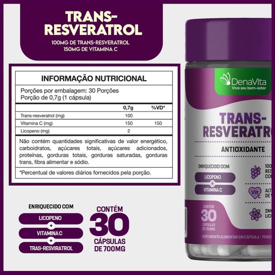 Kit 2x Pote Trans Resveratrol, Vitamina C, Licopeno, 3x1, AntioxidanteDenavita