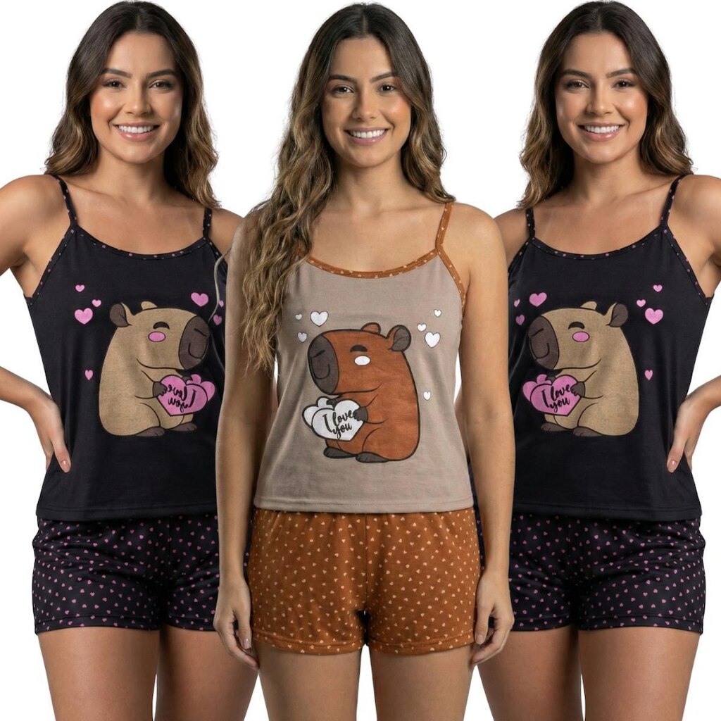 KIT 3 Baby Doll Curto Capivara Serra e Mar Alcinha Pijama de Roupa Para Dormir Linha Noite Feminina
