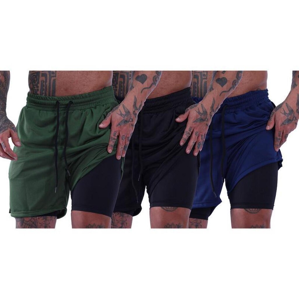 Kit 3 Bermuda Dupla 2 Em 1 Compressão com Suporte Toalha e Bolso Interno MXD Conceito Básicas
