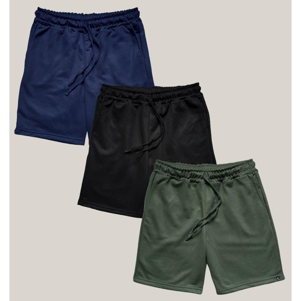 Kit 3 Bermuda Masculina Moletom WSS Basic Preto, Verde e Azul