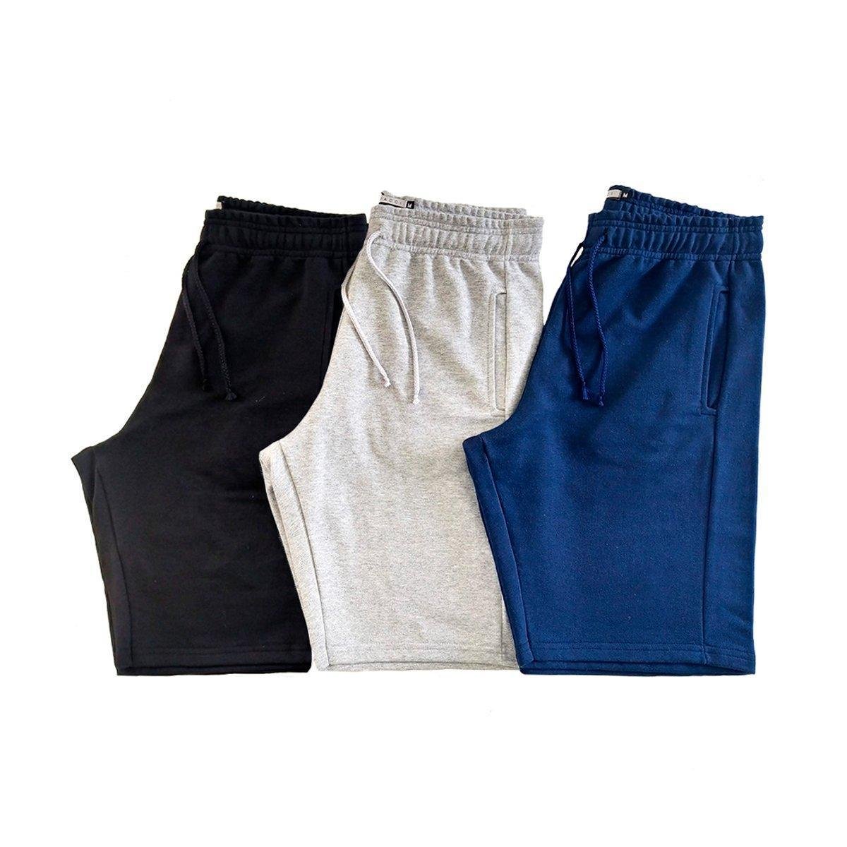 Kit 3 Bermudas de Moletom Short Treino Academia Preto, Mescla e Marinho - Preto+Marinho Menor preço em Kit 3 Bermudas de Moletom Short Treino Academia Preto, Mescla e Marinho - Preto+Marinho