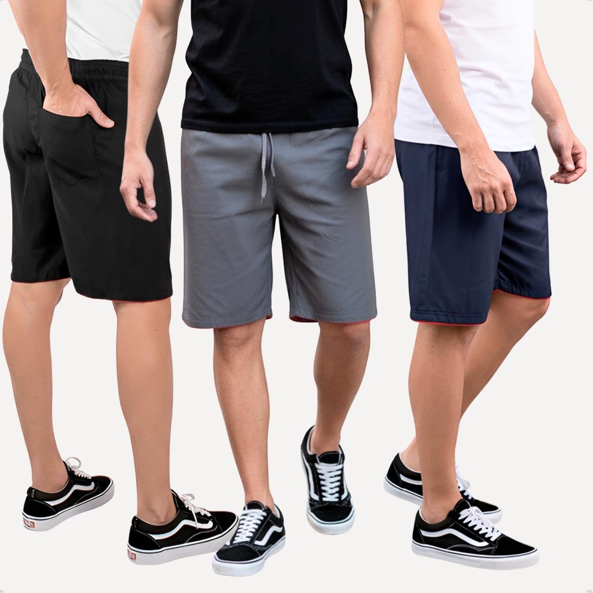 Kit 3 Bermudas Masculina Tactel Liso Academia Treino com Bolso Traseiro - PRETO+MARINHO+CINZA - P Menor preço em Kit 3 Bermudas Masculina Tactel Liso Academia Treino com Bolso Traseiro - PRETO+MARINHO+CINZA - P