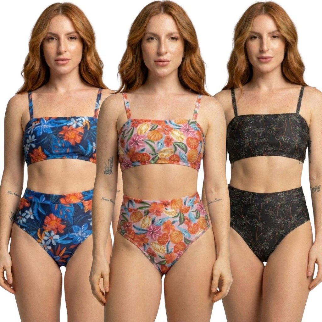 KIT 3 Biquíni Cropped Hot Pants Top Faixa Estampado Serra e Mar Cintura Alta Praia Verão Confortavel