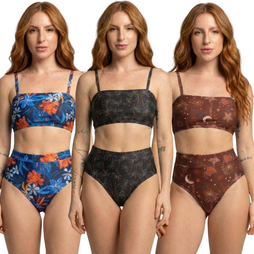 KIT 3 Biquíni Cropped Hot Pants Top Faixa Estampado Serra e Mar Cintura Alta Praia Verão Confortavel