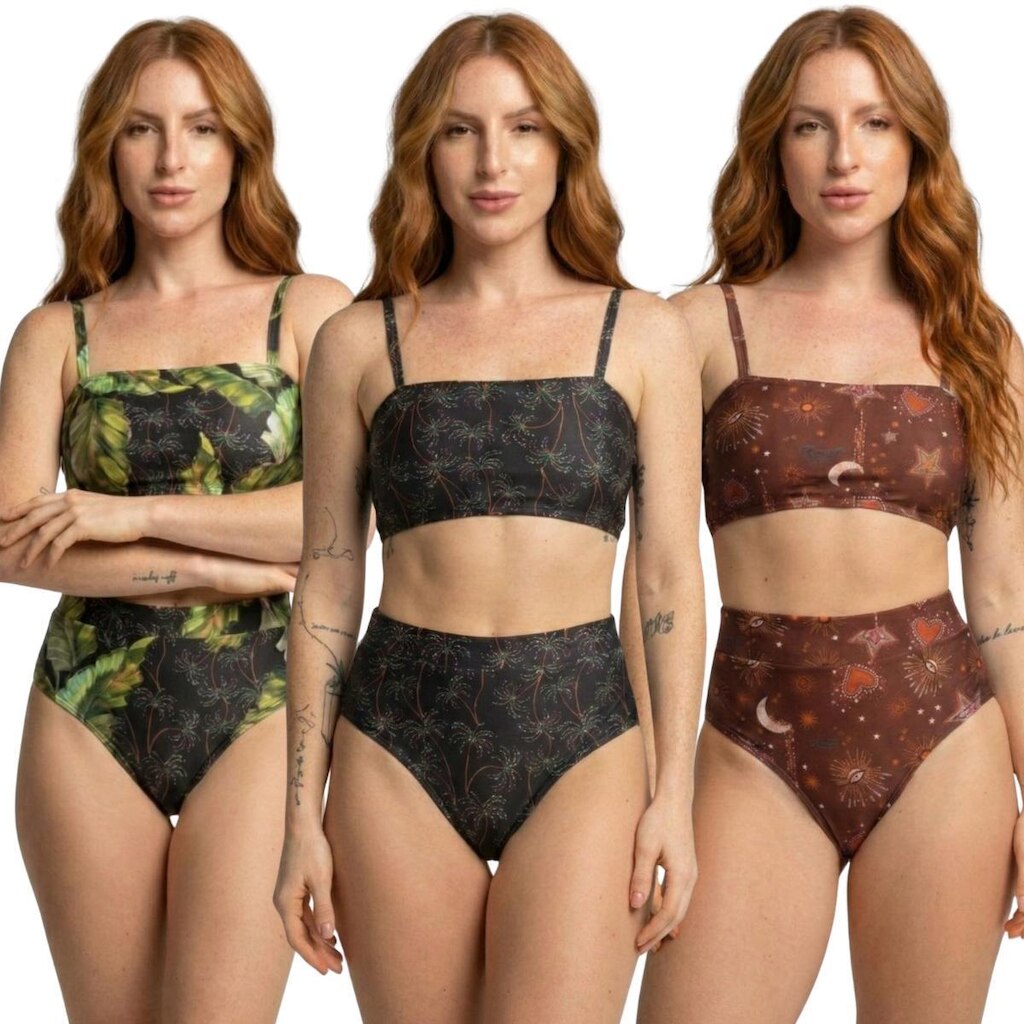 KIT 3 Biquíni Cropped Hot Pants Top Faixa Estampado Vekyo Cintura Alta Moda Praia Verão Confortavel