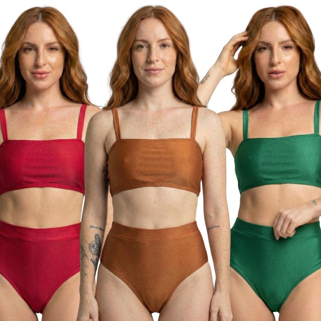KIT 3 Biquíni Cropped Hot Pants Top Faixa Liso Vekyo Cintura Alta Para Verão Moda Praia Confortavel