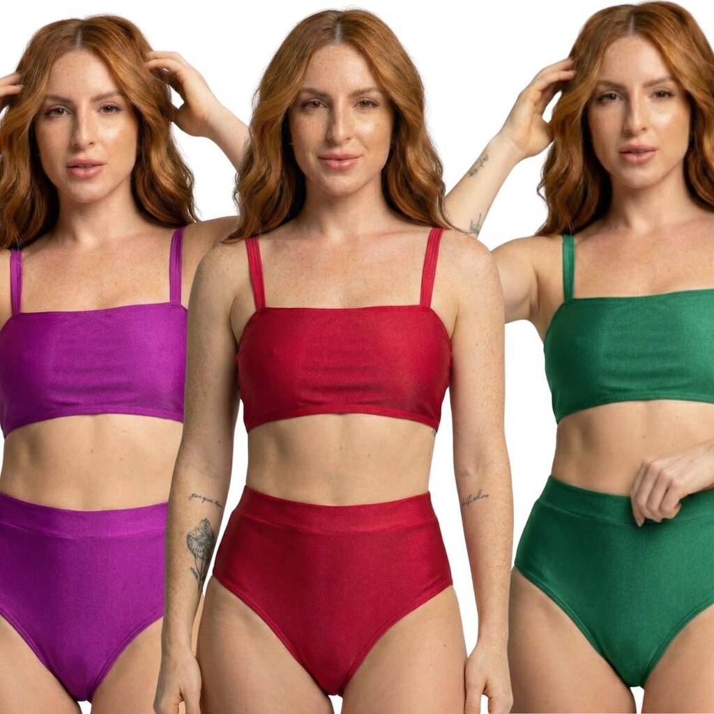 KIT 3 Biquíni Cropped Hot Pants Top Faixa Liso Vekyo Cintura Alta Para Verão Moda Praia Confortavel
