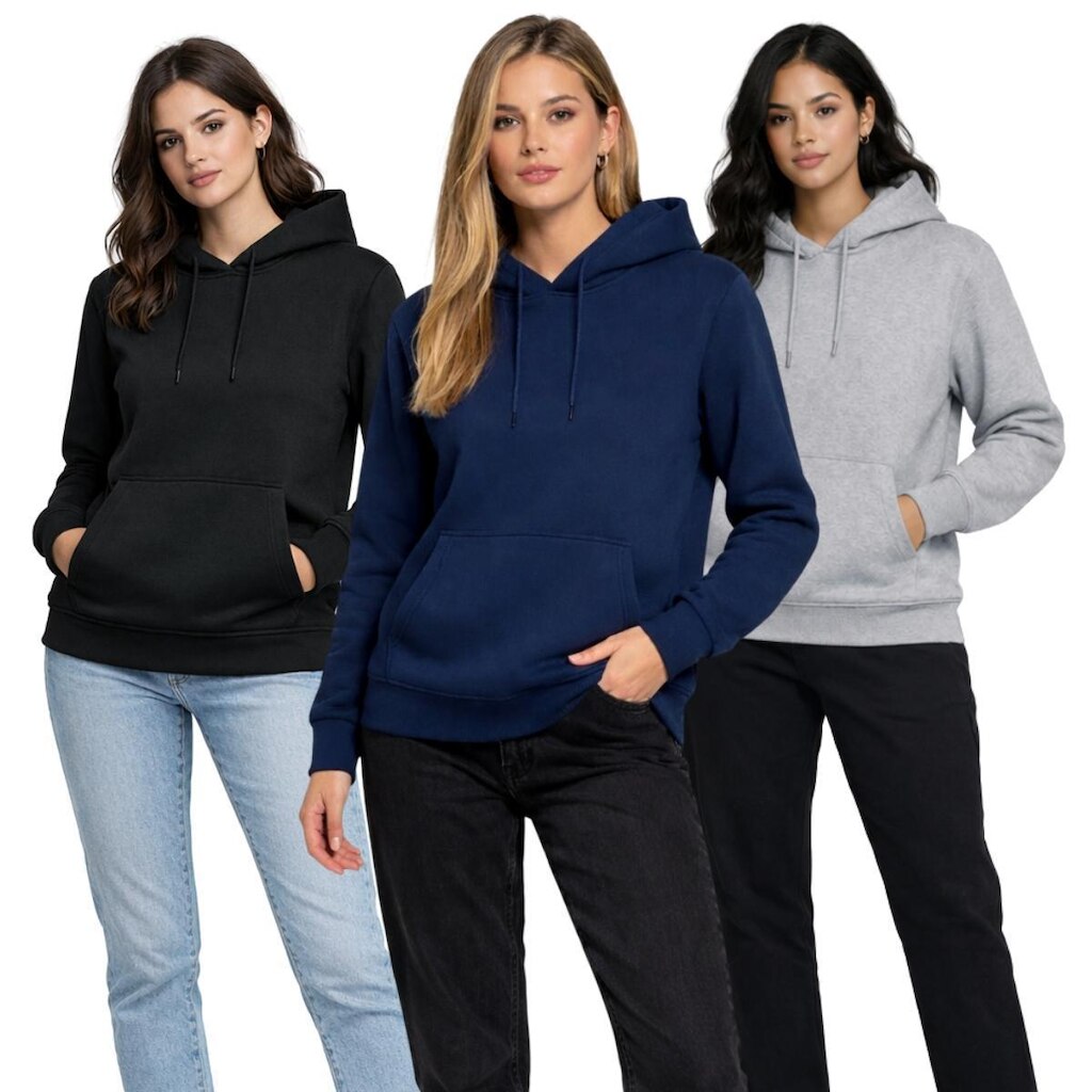Kit 3 Blusa De Frio Feminina Moletom Canguru Flanelado Com Capuz Casual Inverno