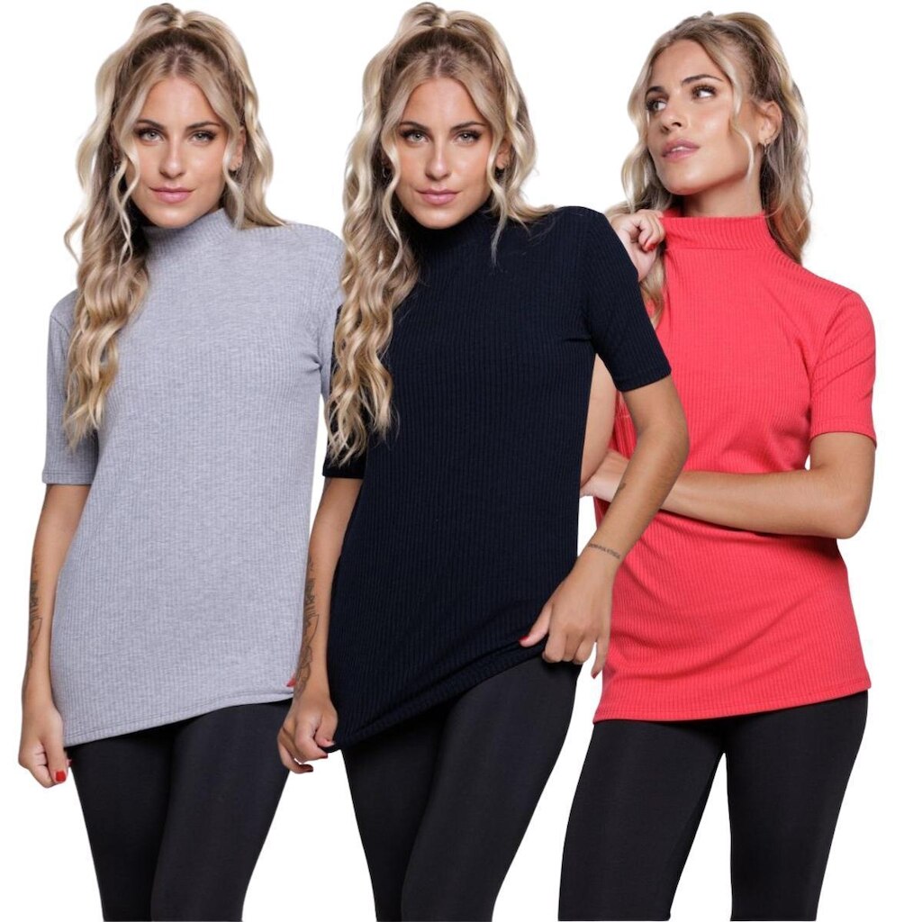 KIT 3 Blusa Fitness Manga Curta Gola Alta Serra e Mar Em Malha Canelada Para Treino Moda Academia