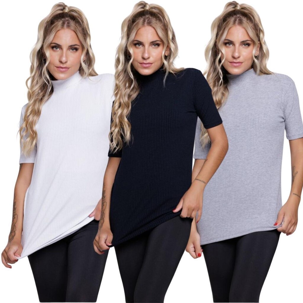 KIT 3 Blusa Fitness Manga Curta Gola Alta Serra e Mar Em Malha Canelada Para Treino Moda Academia
