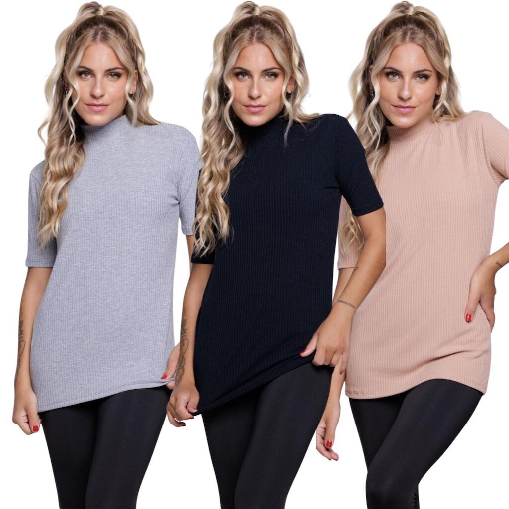 KIT 3 Blusa Fitness Manga Curta Gola Alta Serra e Mar Em Malha Canelada Para Treino Moda Academia
