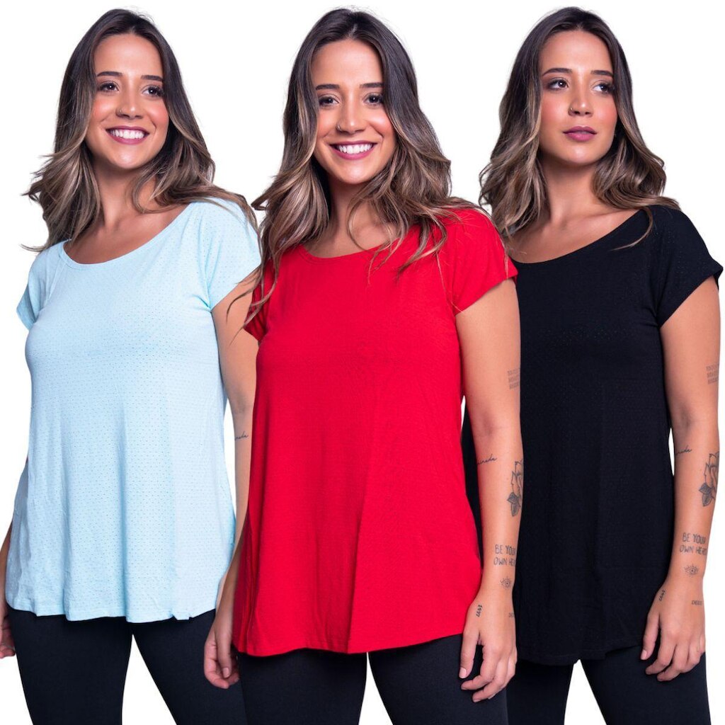 KIT 3 Blusa Marcela Mullet Lisa Bella Fiore Manga Roupa Para Academia Treino Moda Fitness