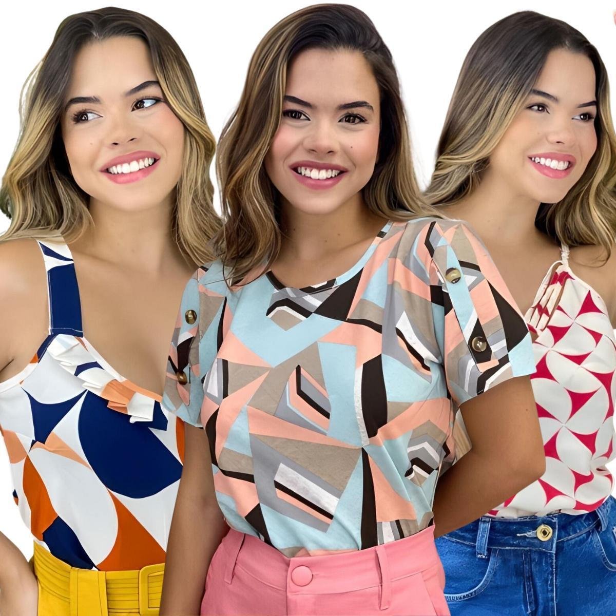Kit Blusa verão moda feminina estampada alça e manga Zattini