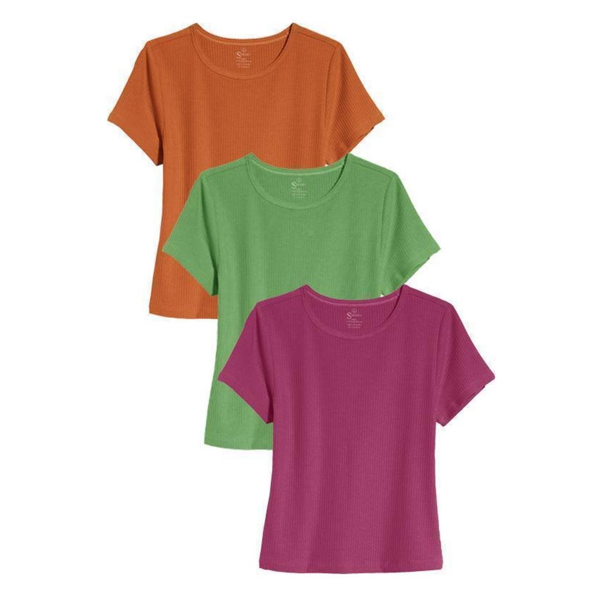 Kit 3 Blusas Blusinhas Feminina Canelada Manga Curta Menor preço em Kit 3 Blusas Blusinhas Feminina Canelada Manga Curta
