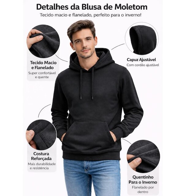 Kit 3 Blusas Moletom Canguru com Capuz Liso Adulto Masculino