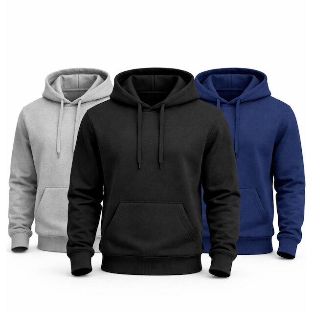 Kit 3 Blusas Moletom Canguru com Capuz Liso Adulto Masculino
