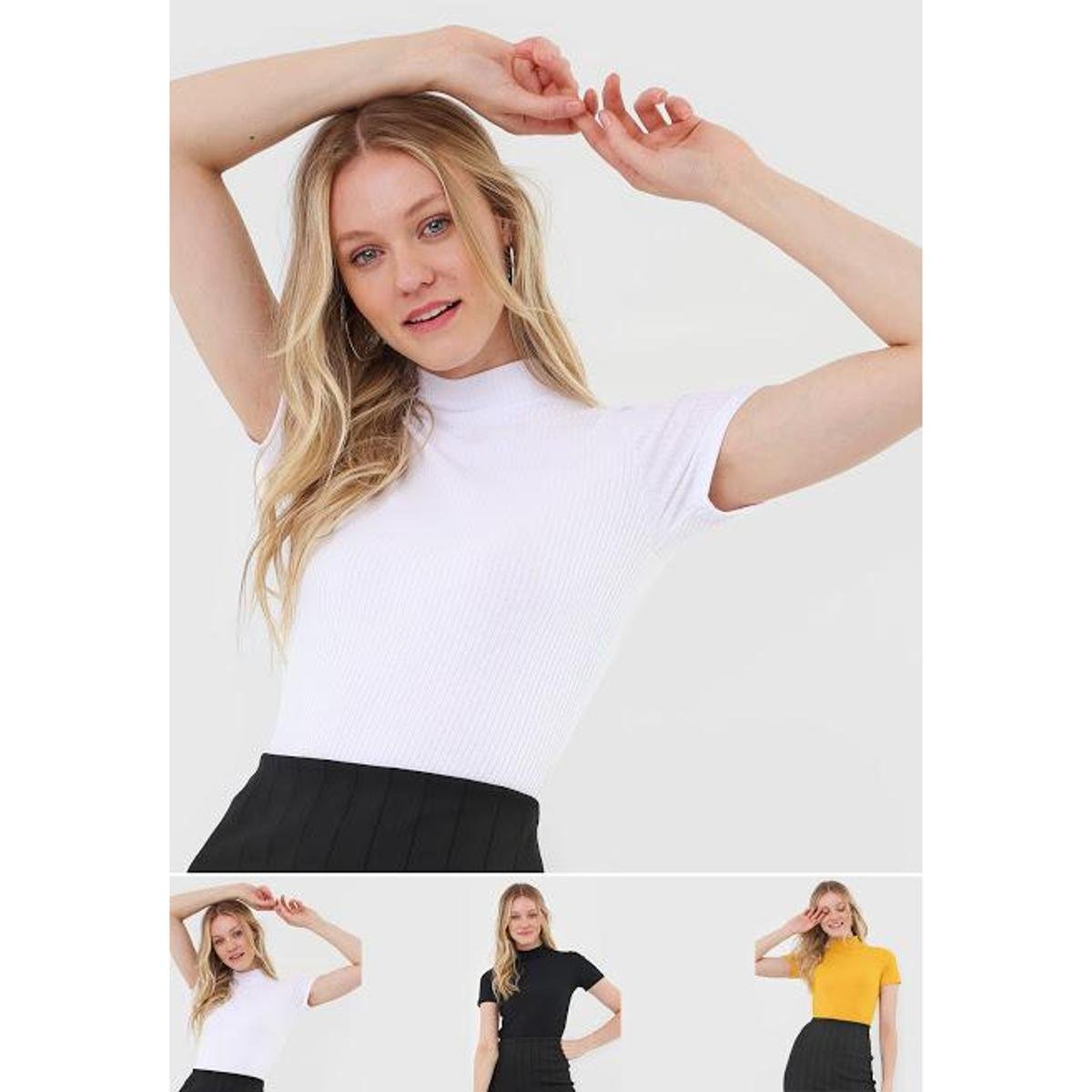 Kit 3 Blusas Salvatore Gola Alta Comfy Malha Canelada Feminino Menor preço em Kit 3 Blusas Salvatore Gola Alta Comfy Malha Canelada Feminino