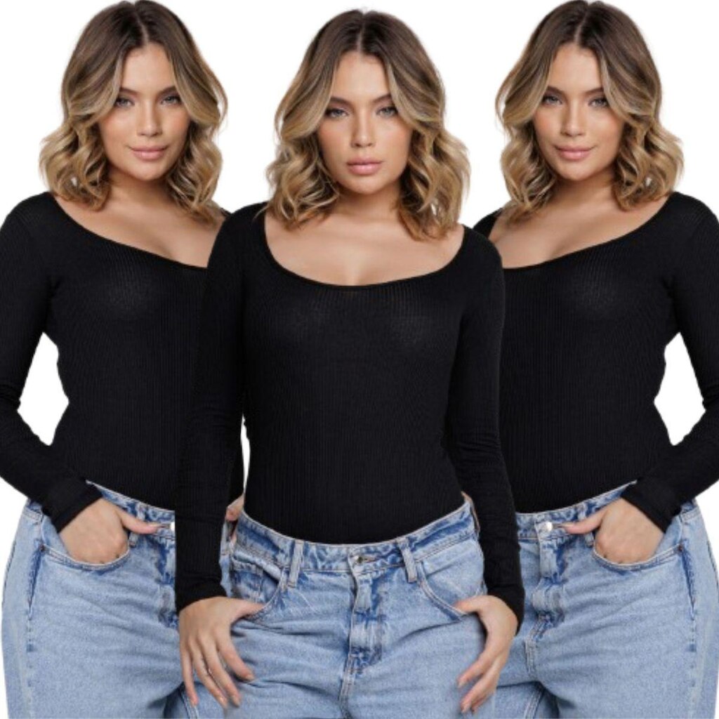 KIT 3 Body Canelado Manga Longa Bella Fiore Roupa Blogueira Moda Gringa Feminina