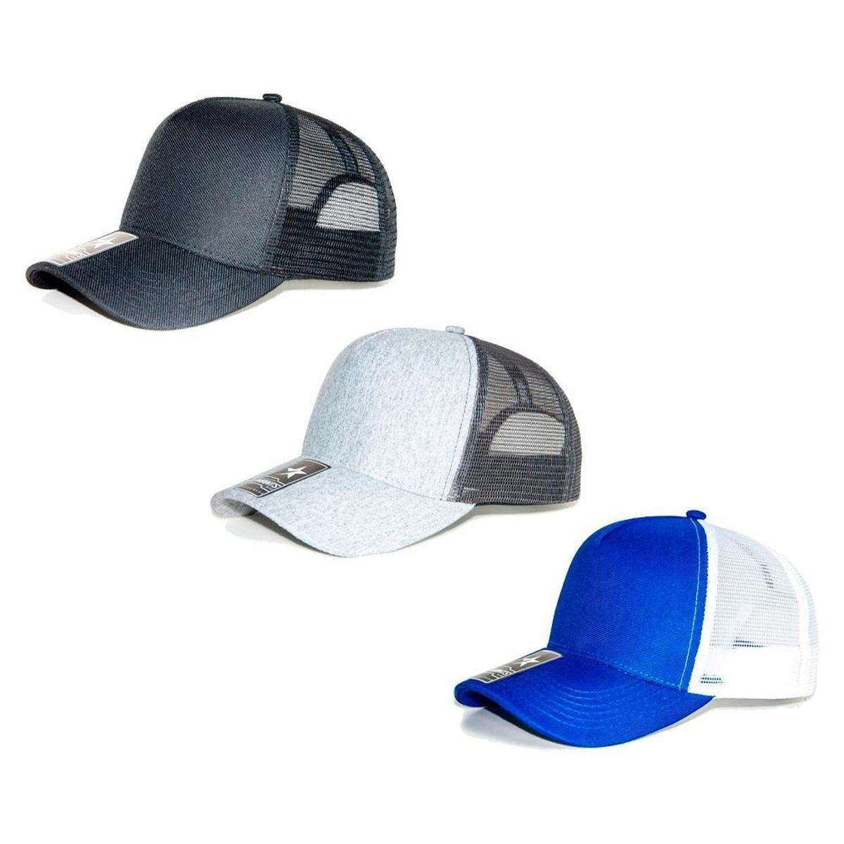 Kit 3 Bonés Liso Americano Aba Curva Trucker Tela Mants Clothing Unisex Com Regulagem - Preto+Azul Menor preço em Kit 3 Bonés Liso Americano Aba Curva Trucker Tela Mants Clothing Unisex Com Regulagem - Preto+Azul