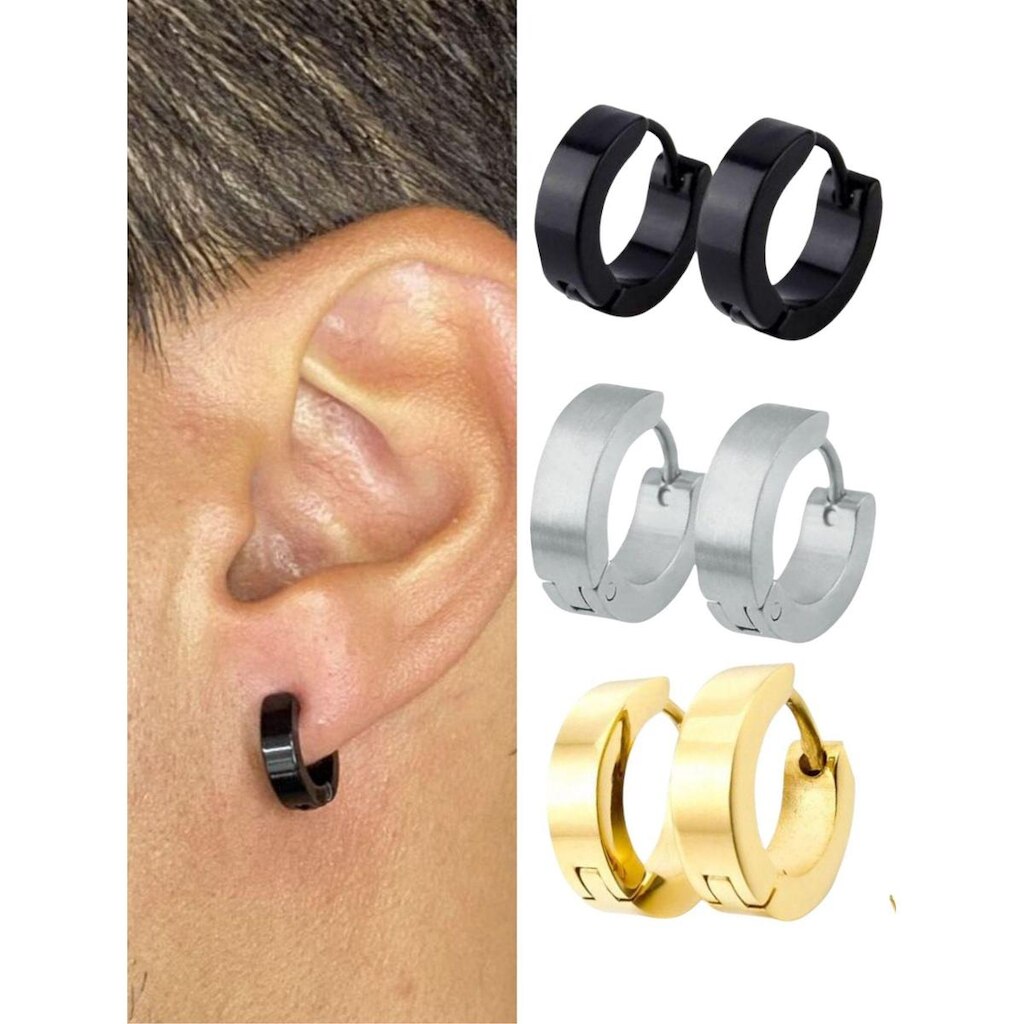 Kit 3 Brinco Argola Lisa 10mm Unissex Preto Prata Dourado Preto Aço Inox