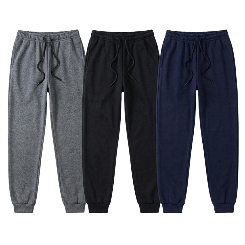 Kit 3 Calça de Moletom Flanelada Jogger Slim Bolsos nas Laterais Algodão Premium Academia Macia