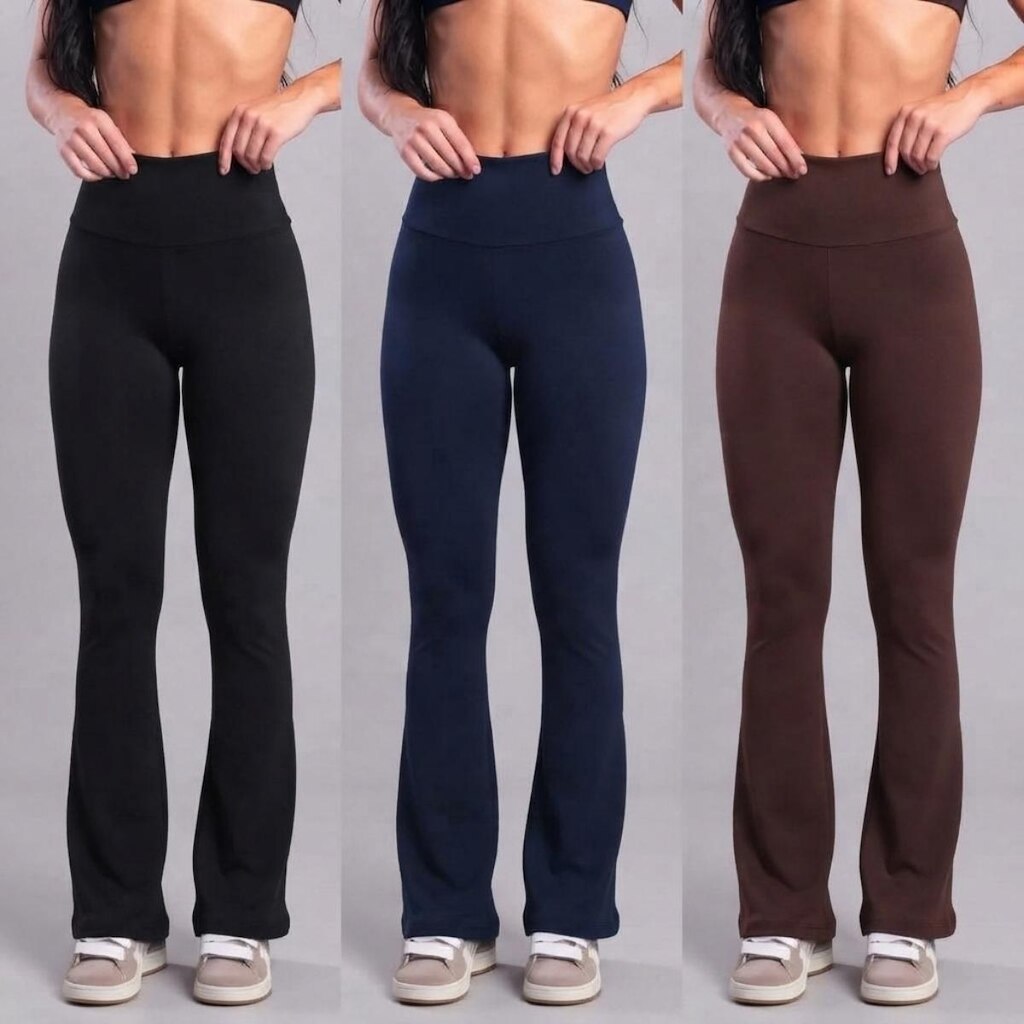 KIT 3 Calça Legging Esportiva Flare Peluciada Serra e Mar Boca de Sino Cós Alto Treino Fitness