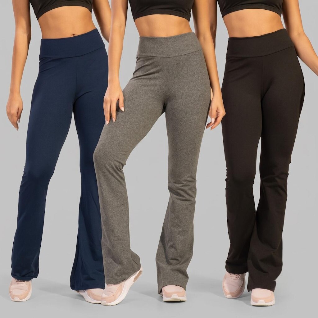KIT 3 Calça Legging Esportiva Flare Peluciada Vekyo Boca de Sino Bailarina Cós Alto Treino Fitness