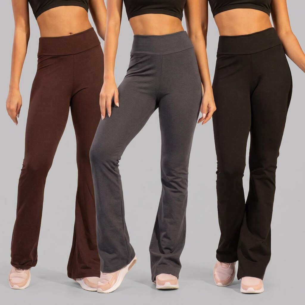 KIT 3 Calça Legging Esportiva Flare Peluciada Vekyo Boca de Sino Bailarina Cós Alto Treino Fitness
