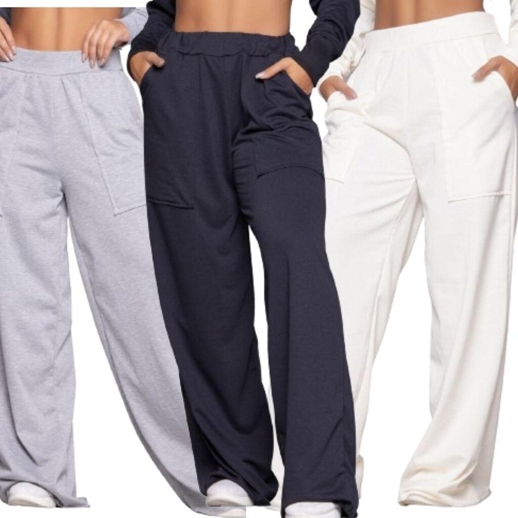 KIT 3 Calça Pantalona Wide Leg Bella Fiore Cintura Alta Flare Moletinho Moda Casual