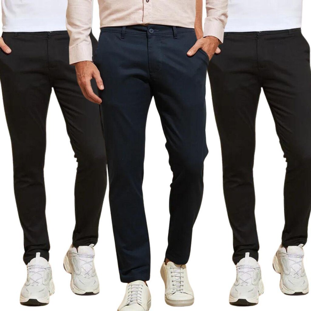 Kit 3 Calças FMF de Sarja Chino Com Bolso Traseiro Embutido Alfaiataria Skinny