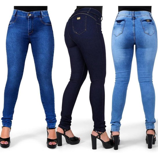 Kit 3 Calças Jeans Feminina Skinny Empina Bumbum Cós Alto