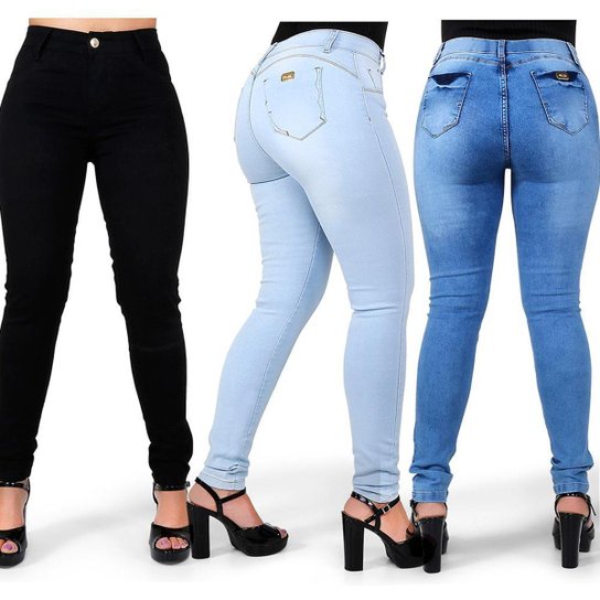 Kit 3 Calças Jeans Feminina Skinny Empina Bumbum Cós Alto