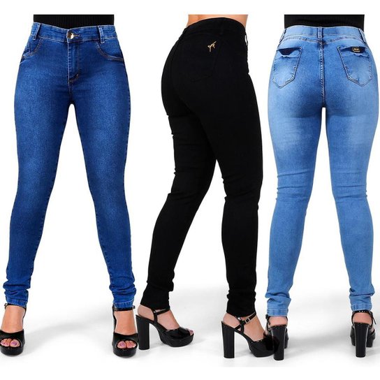 Kit 3 Calças Jeans Feminina Skinny Empina Bumbum Cós Alto