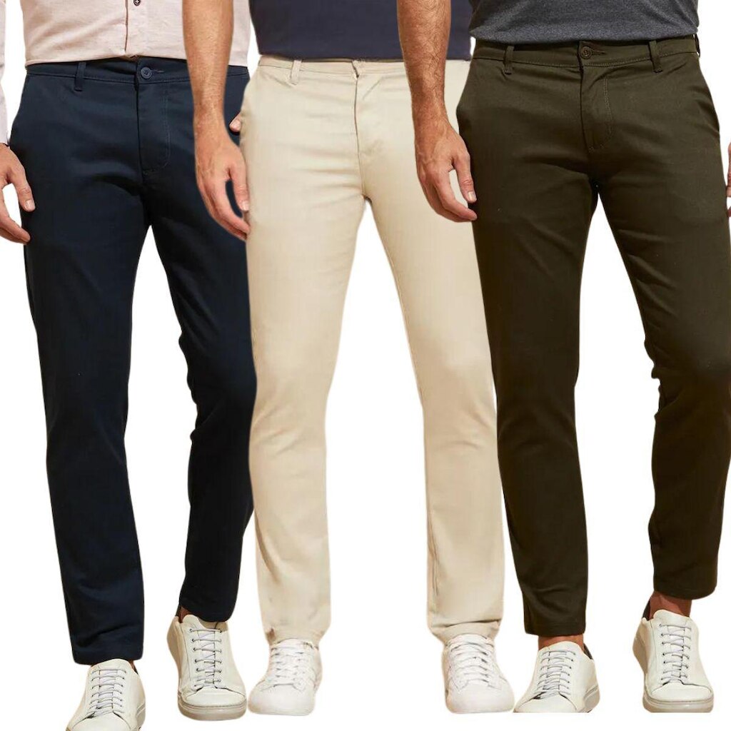 Kit 3 Calças TBT de Sarja Chino Com Bolso Traseiro Embutido Alfaiataria Skinny