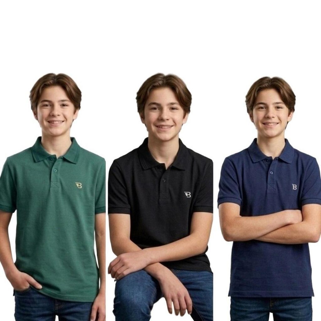 Kit 3 Camisa Gola Polo Juvenil Piquet Com Botões Menino Manga Curta Tecido Respiravel Premium Macia