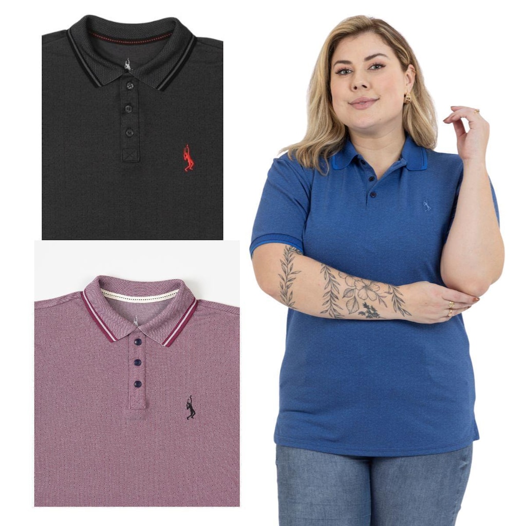 Kit 3 Camisa Polo Feminina Plus Size Casual Dia a Dia