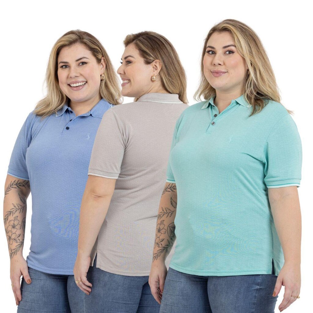 Kit 3 Camisa Polo Feminina Plus Size Casual Dia a Dia
