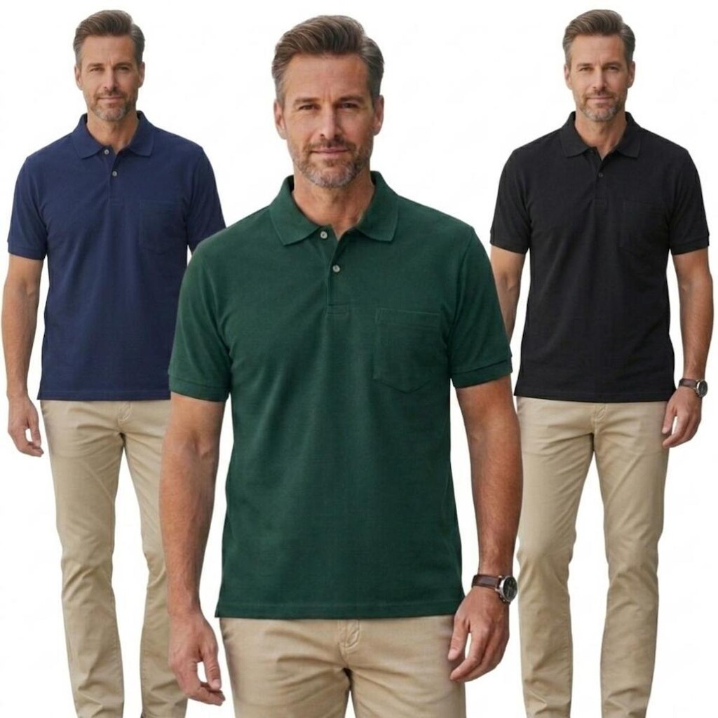 Kit 3 Camisa Polo Masculina Piquet Bolso Externo Camiseta Basica Manga Curta Tecido Respiravel