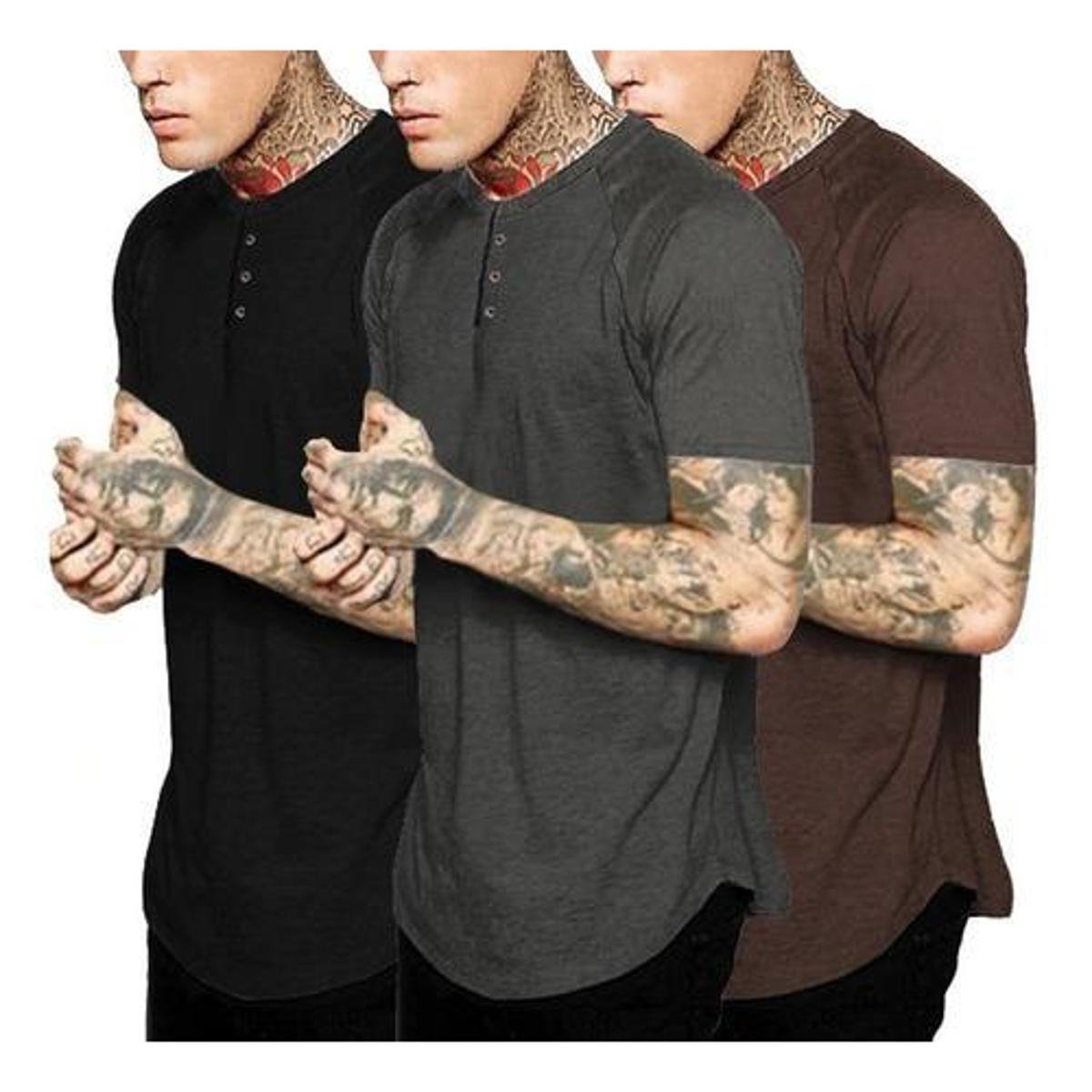 Kit 3 Camisas Henley Gola Portuguesa Oversized Redonda - Preto+Azul Menor preço em Kit 3 Camisas Henley Gola Portuguesa Oversized Redonda - Preto+Azul