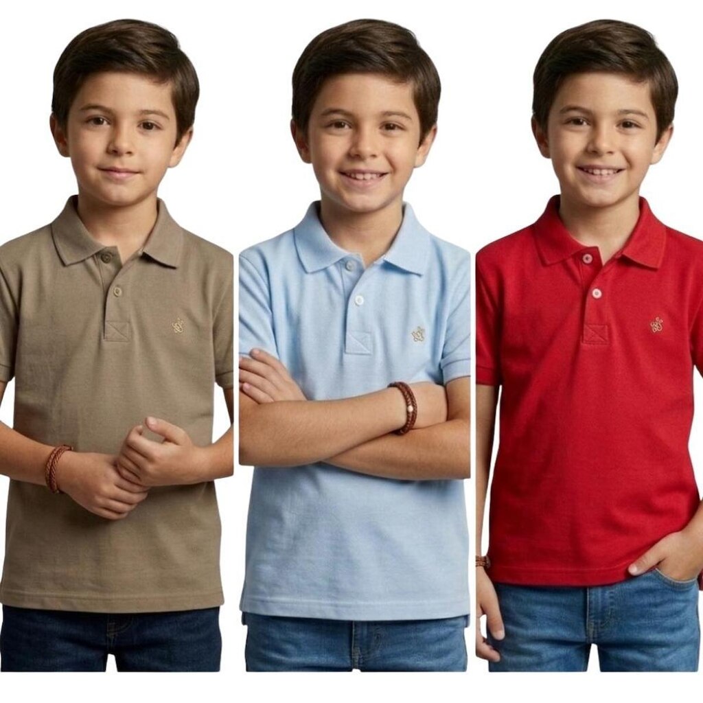 Kit 3 Camiseta Gola Polo Infantil Menino Algodão Piquet Basica 2 a 8 Anos Escola Festa Moderna